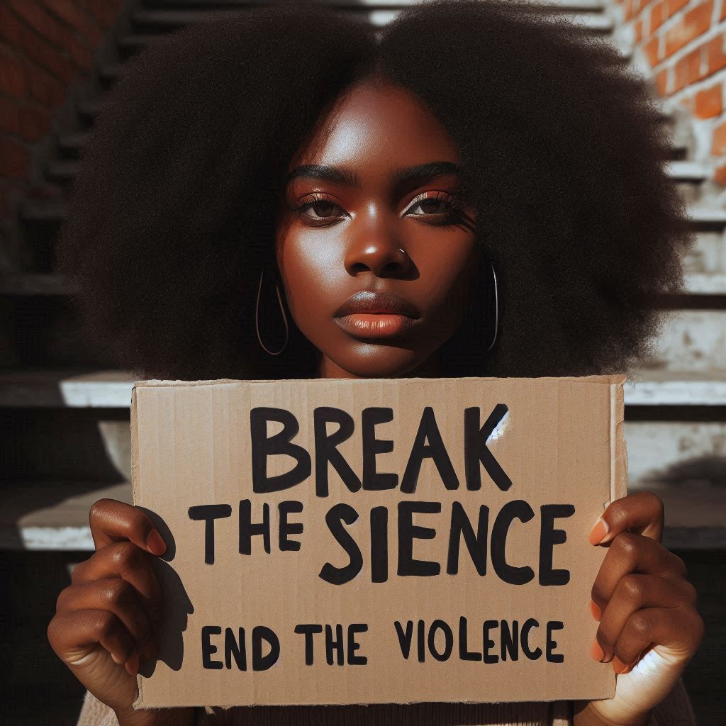 An AI photo of a black woman holding a poster that states "Break the Silence, End the violence"