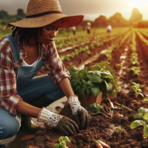 A black woman wearing a hat and a glove works on a farm. The sunsets to the north as she works.