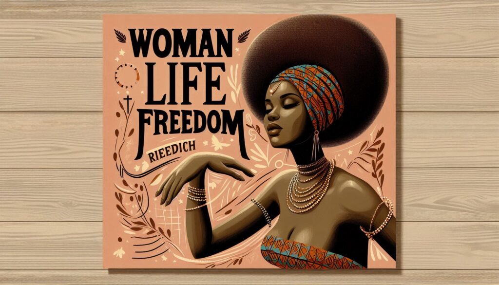 An Art work depicting a black woman with the words "Woman Life Freedom" written on it