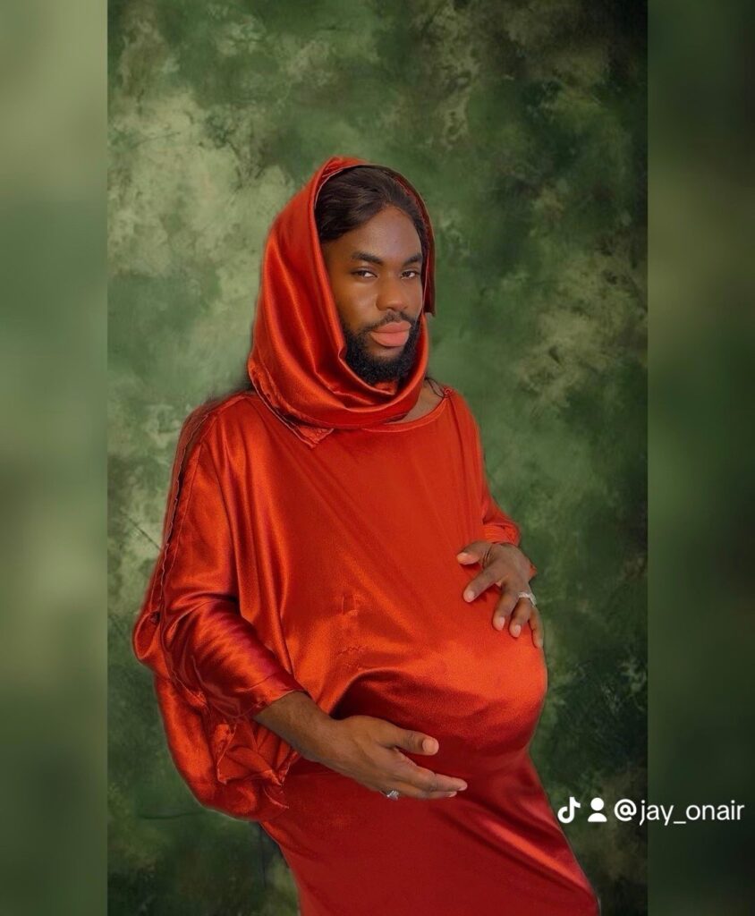 an image of jay on-air mimicking Adesua's pregnancy photoshoot