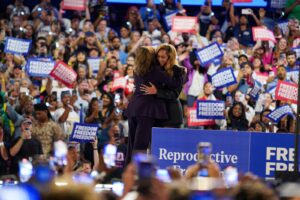 Beyoncé hugs Vice President Kamala Harris at a campaign rally in Texas.