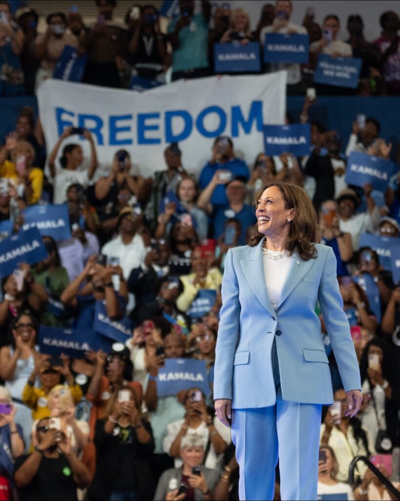 A photo of Kamala Harris at a campaign rally