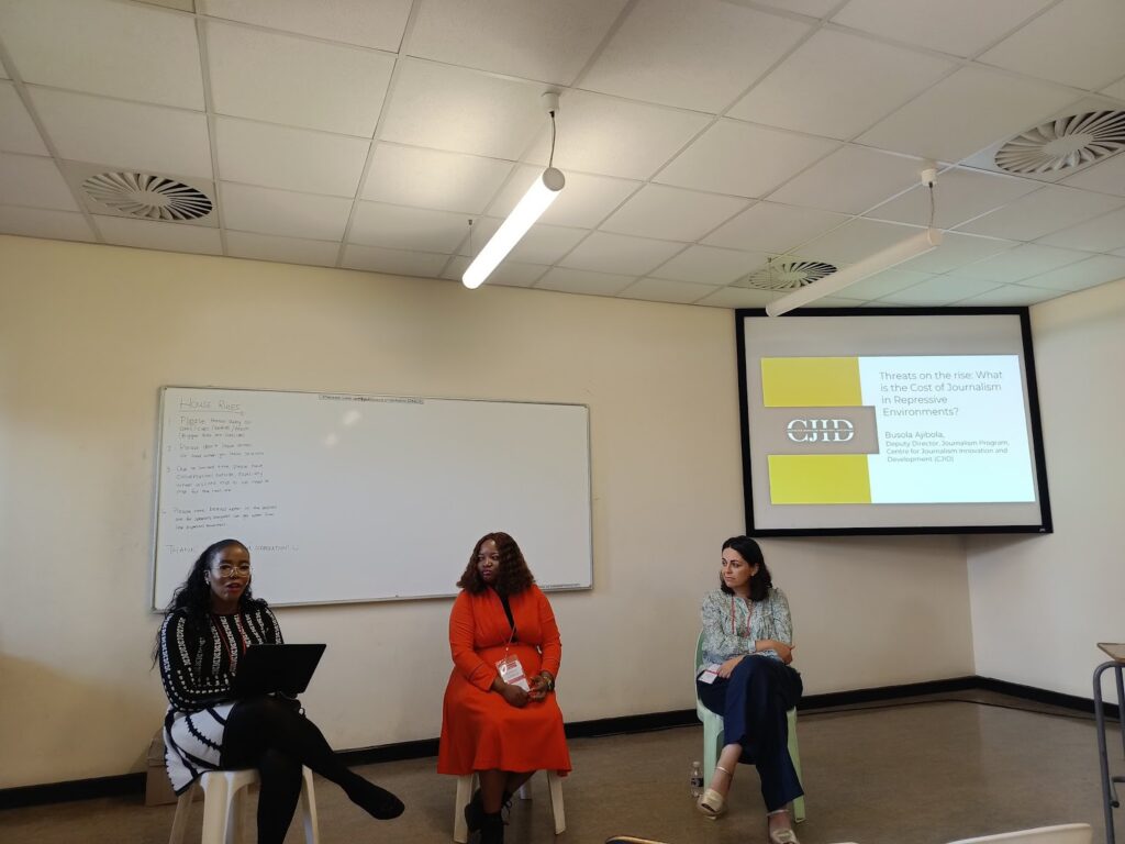 L-R: Keny Adegboyega, Busola Ajibola and Dinesh Balliah as speakers in a panel session during the 20th African Investigative Journalism Conference (AIJC) 2024.