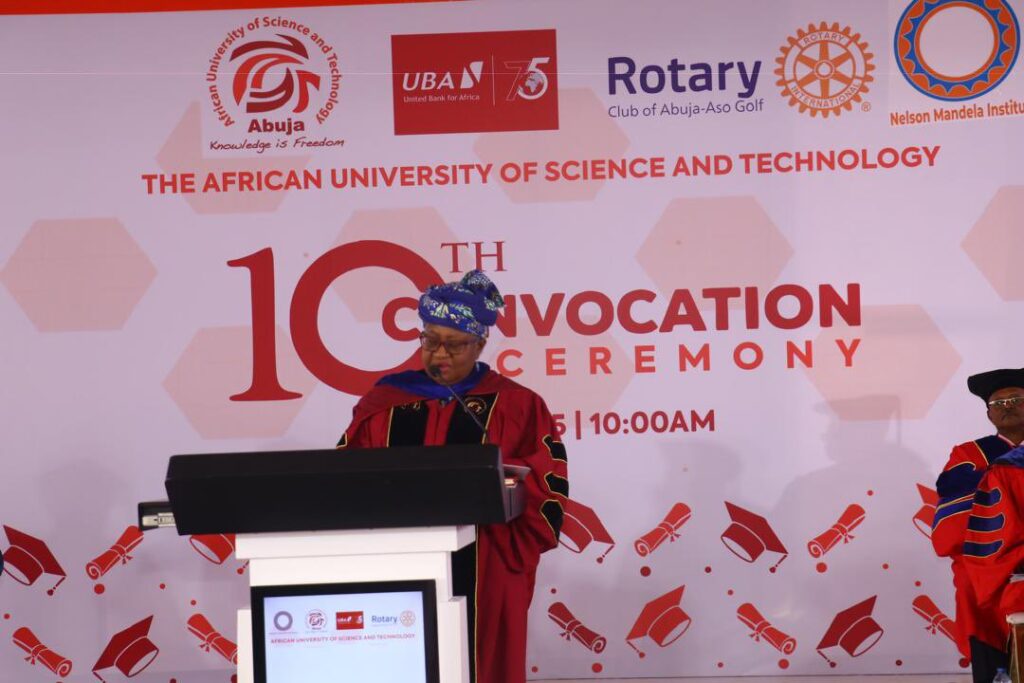 Dr. Ngozi Okonjo Iweala giving a speech at the AUST convocation ceremony.