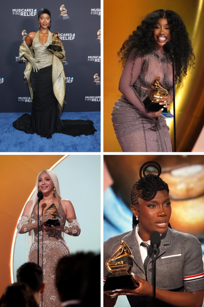 A collage photo of some of the Grammy winners, including Tems, Sza, Beyoncé, and Doechii. Photo source: X (formerly Twitter) and NFM