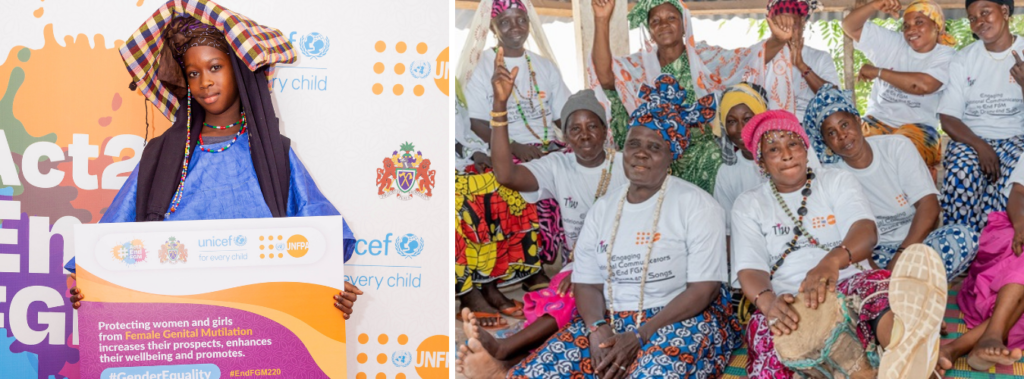 Left: A young woman in traditional attire holding a banner promoting the end of FGM. Right: Traditional communicators raise awareness about the law banning FGM in The Gambia.