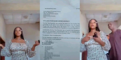 A collage photo of precious, her expulsion letter and Dr Okoye in her video.