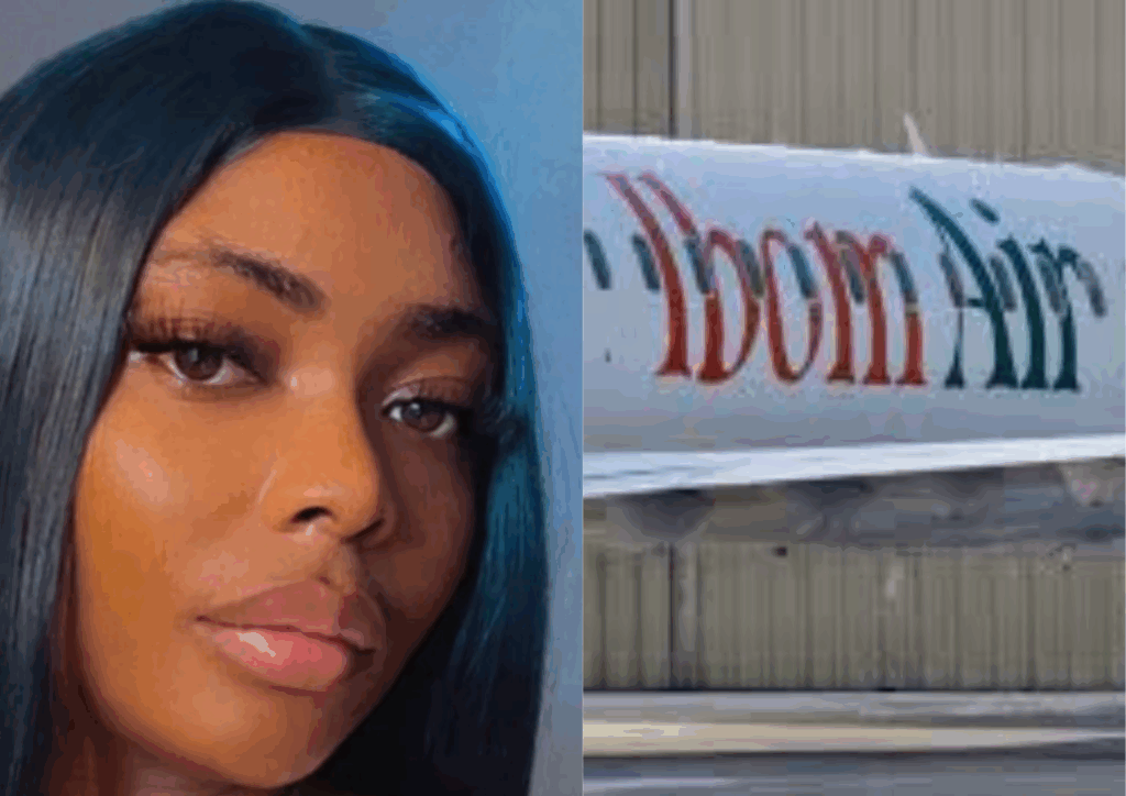 Photo collage of Ibom Air passenger, Comfort Emmanson and Ibom Air plane.