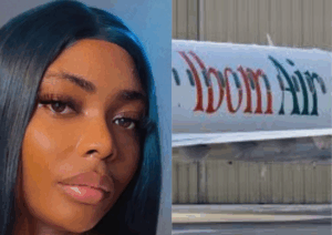 Photo collage of Ibom Air passenger, Comfort Emmanson and Ibom Air plane.