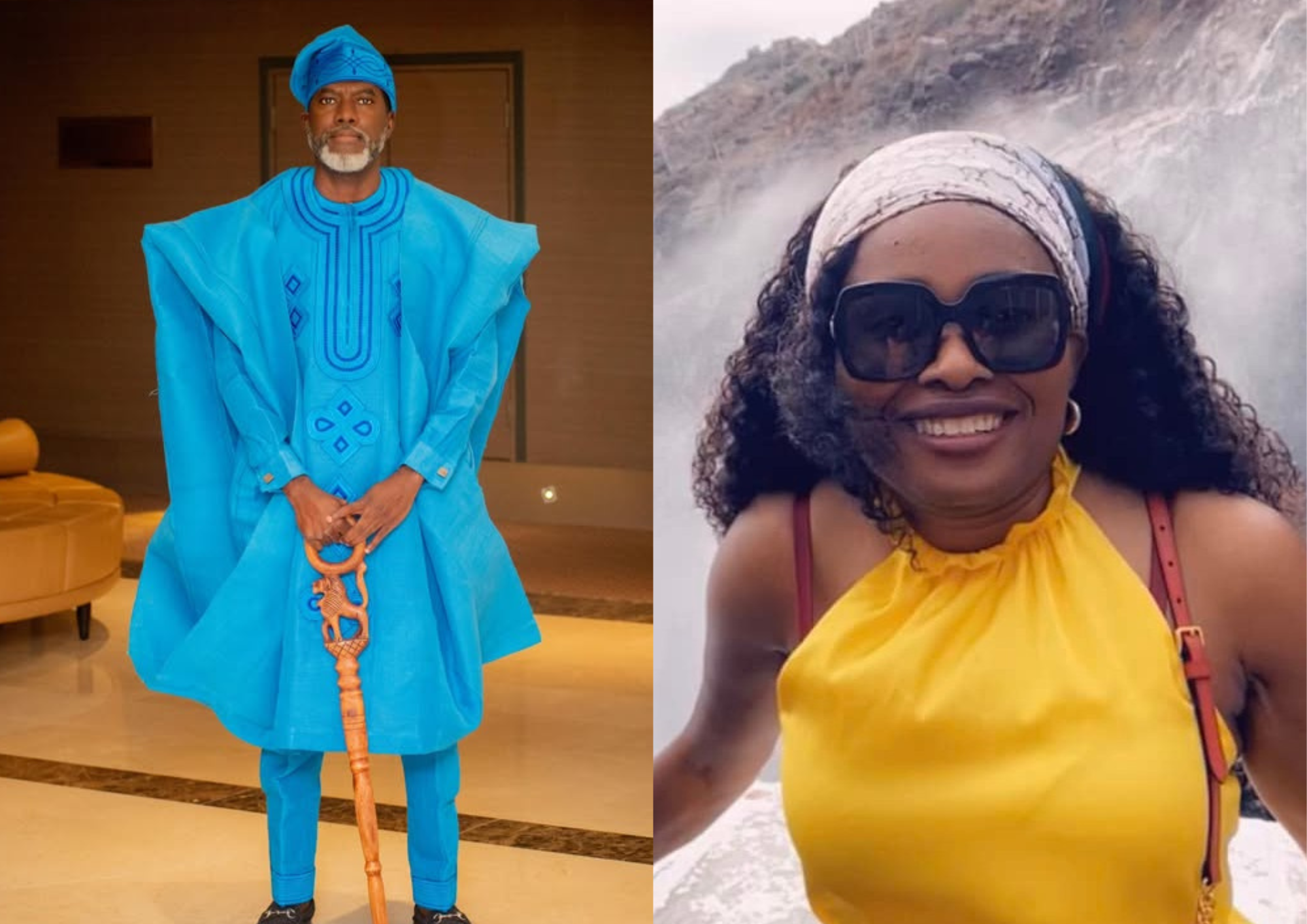 A collage picture of Reno Omokri and ex wife, Tuokpe Onuwaje.