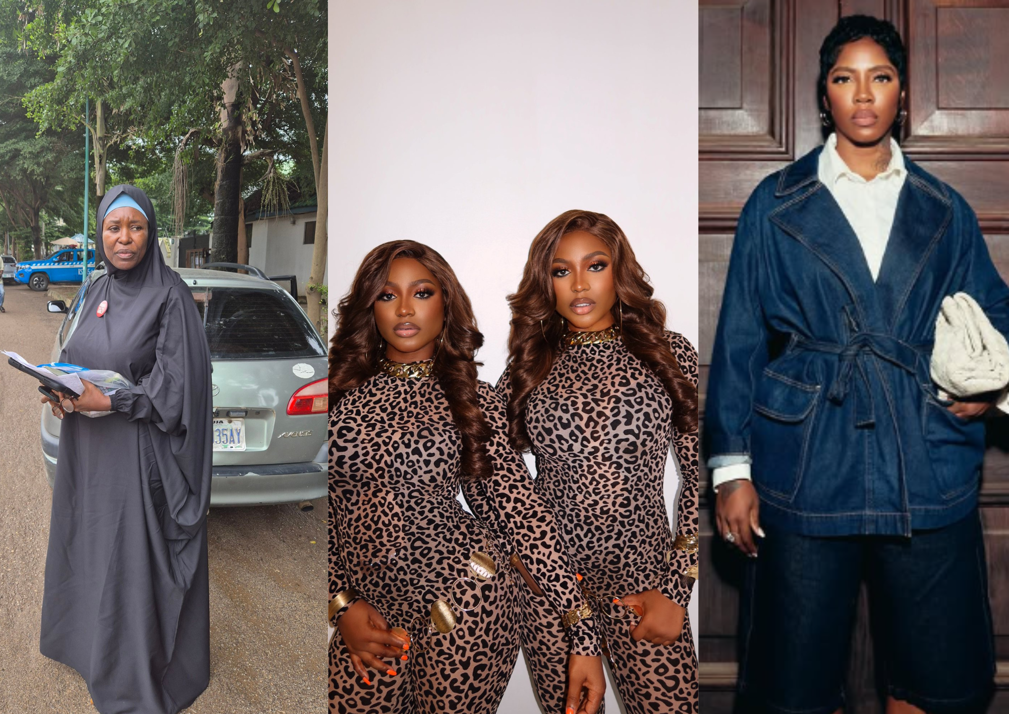 Photo collage of Tiwa Savage, Aisha Yesufu, and WannixHandi