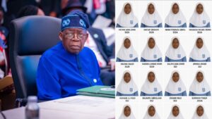 A collage of President Bola Tinubu and the abducted girls.