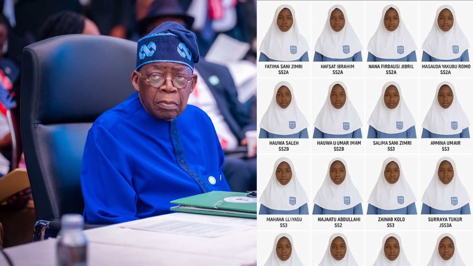 A collage of President Bola Tinubu and the abducted girls.