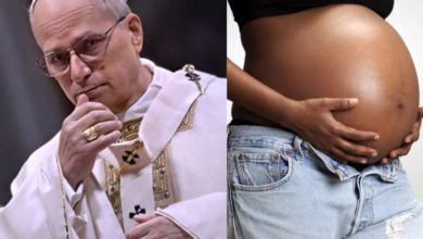 Photo collage of Pope Leo XIV and a pregnant woman