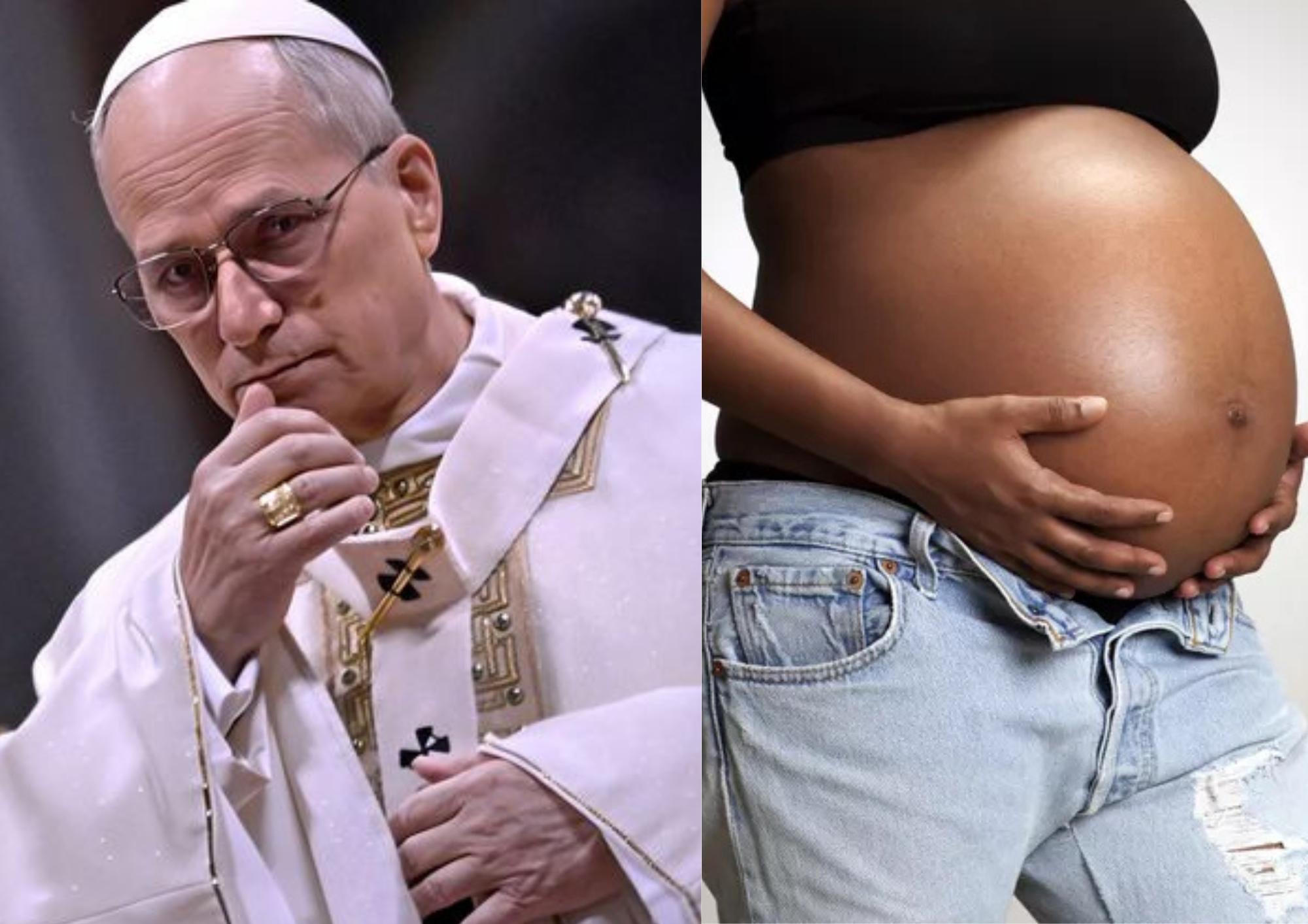 Photo collage of Pope Leo XIV and a pregnant woman