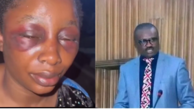Photo collage of screenshot from viral video of Glory Agbor with a swollen face and Hon. Ovat Dickson Agbor. 
