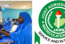 A collage of Muslim students writing an exam and the JAMB logo. Photo credit: web