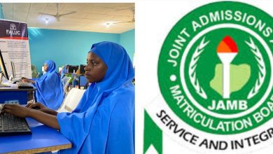 A collage of Muslim students writing an exam and the JAMB logo. Photo credit: web