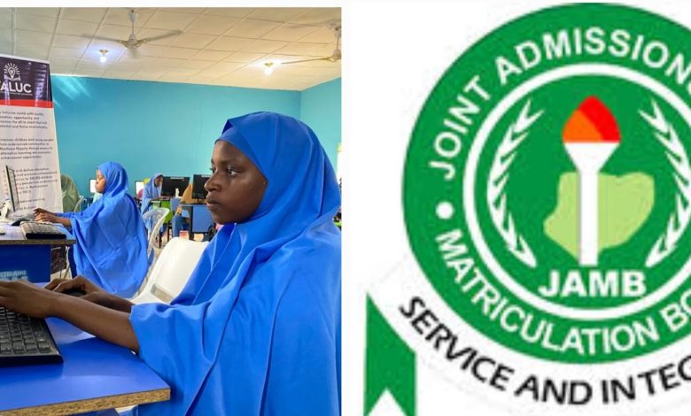 A collage of Muslim students writing an exam and the JAMB logo. Photo credit: web