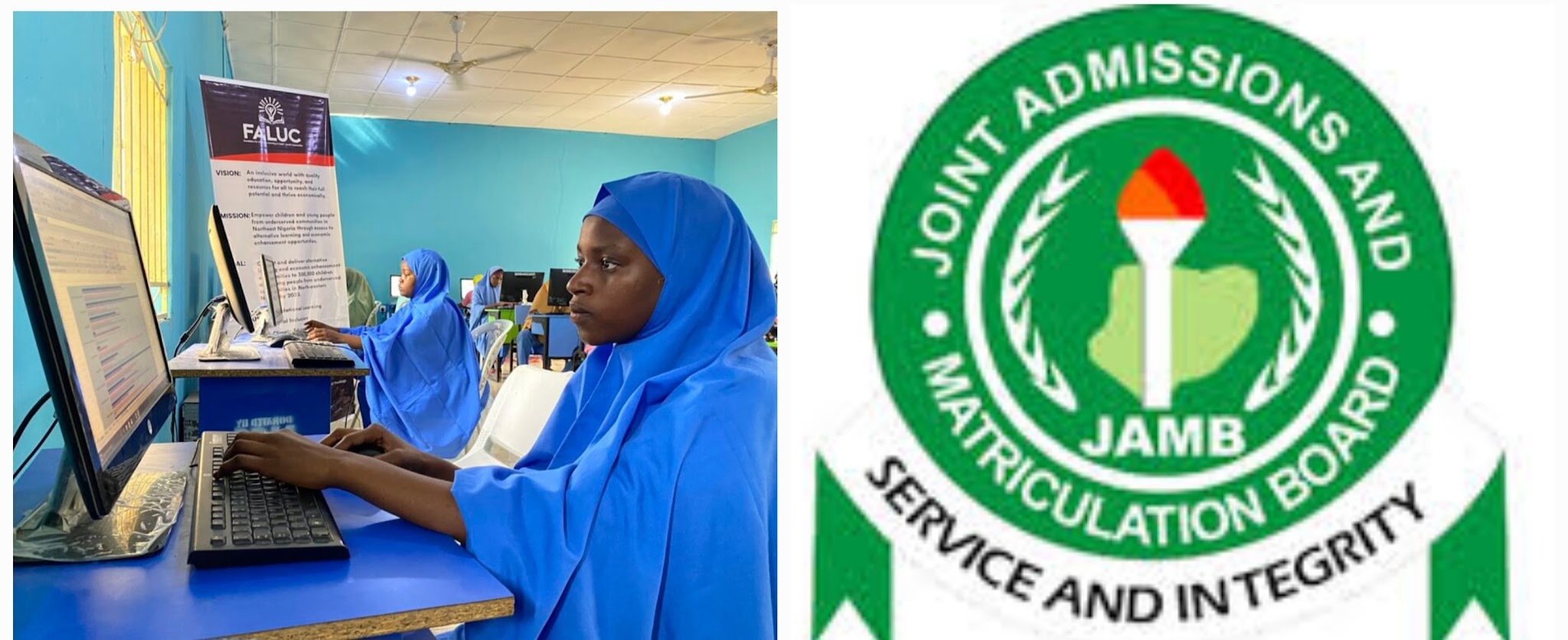 A collage of Muslim students writing an exam and the JAMB logo. Photo credit: web