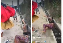 Picture of the woman being beaten by masquerade. Photo credit: SaharaReporters on X