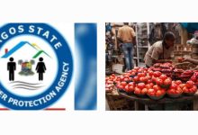 A woman selling tomatoes and the LASCOPA logo. Photo credit: NFM
