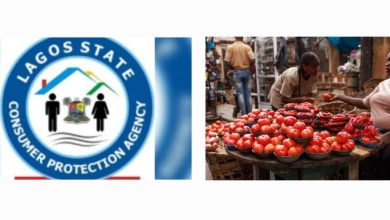 A woman selling tomatoes and the LASCOPA logo. Photo credit: NFM