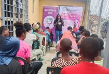 NFM founding director Simbiat Bakare training girls on World Menstrual Hygiene Day 2026. Source: Naija Feminist Media