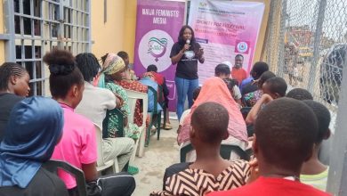 NFM founding director Simbiat Bakare training girls on World Menstrual Hygiene Day 2026. Source: Naija Feminist Media