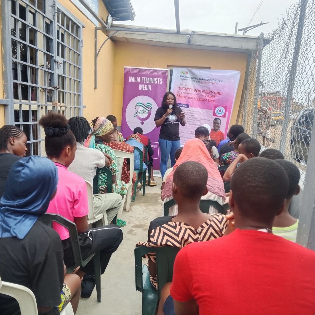 NFM founding director Simbiat Bakare training girls on World Menstrual Hygiene Day 2026. Source: Naija Feminist Media